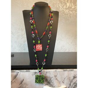 2 Colorful Beaded Necklace With Green & Pink Pendants